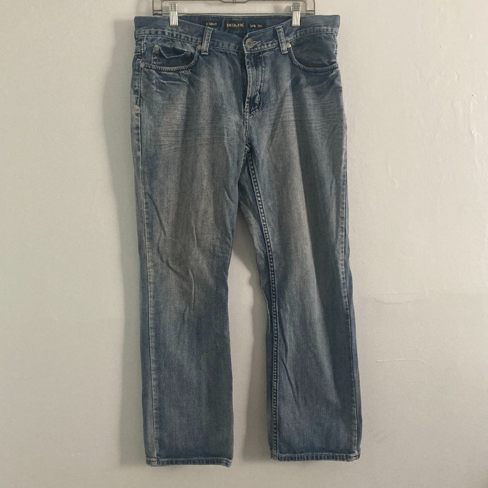 Helix Mens Straight Blue Jeans Mid Rise Thick Stitch Faded Whisker 34 x 30